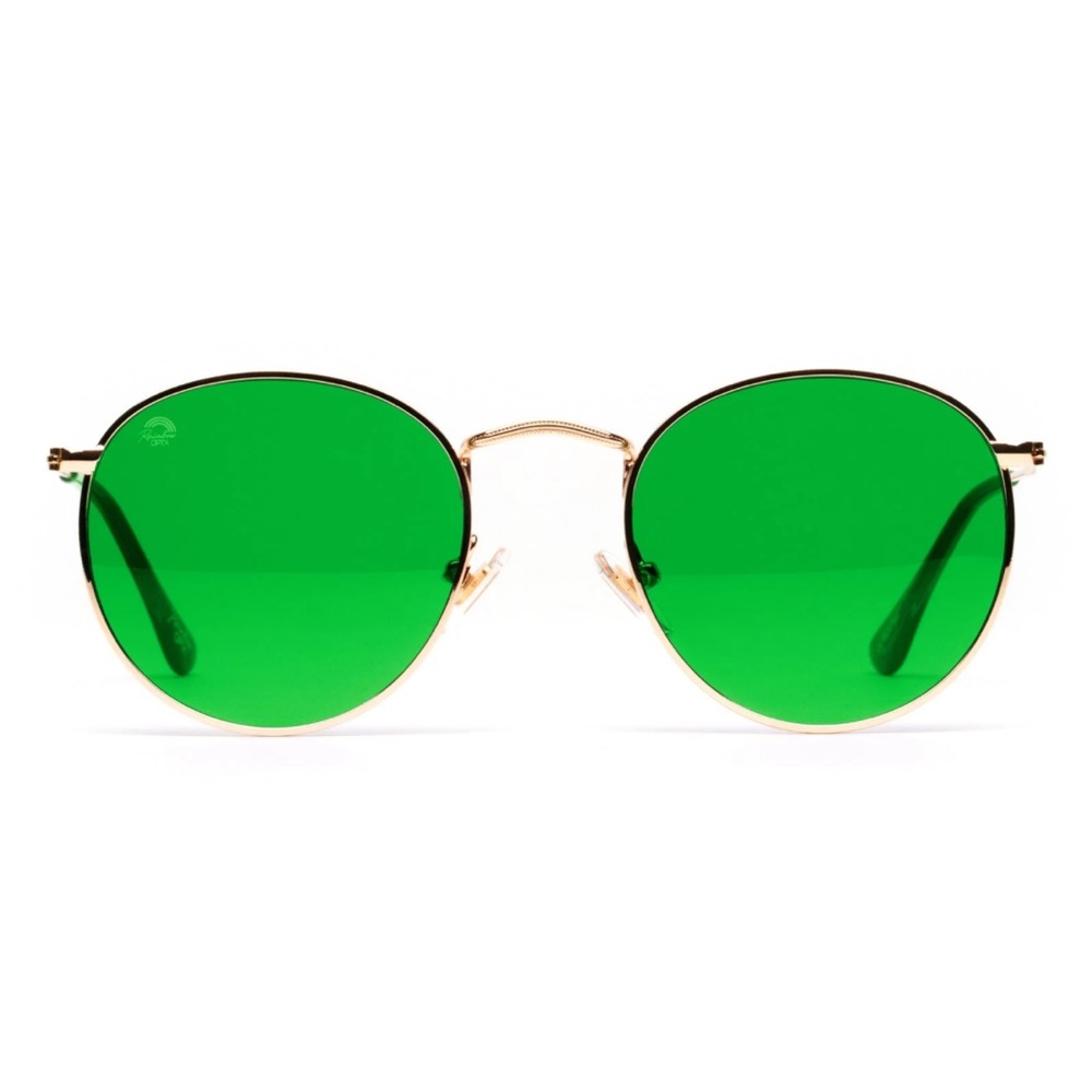 RainbowOptx The Round Green Revitalizing Round Gold Sunglasses with Green Lenses
